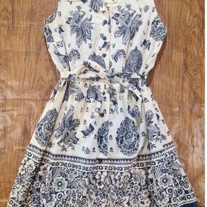VTG 60s Day Party Dress Button Up Tie Belt Rooster Moth Print Point Collar XL 16